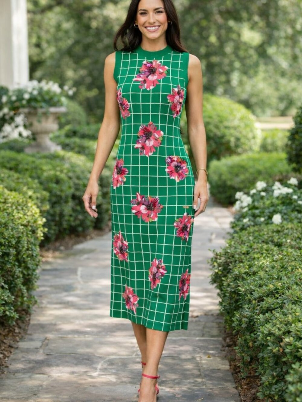 NWT Queen Of Sparkles Green & White Checkered Pink Azalea Knit Midi Dress